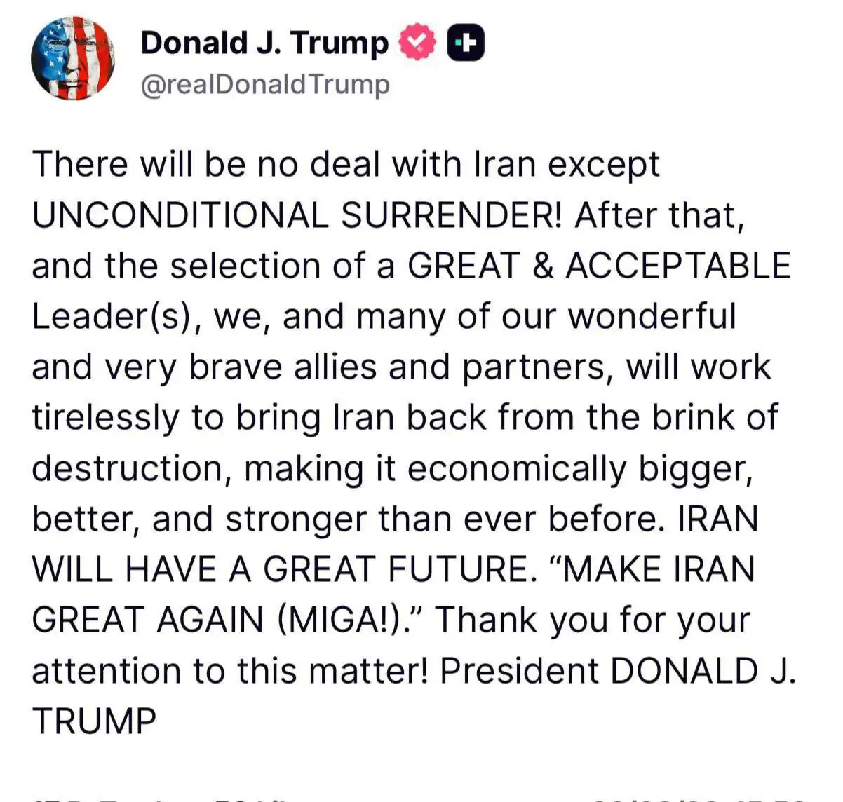 ترامپ: هیچ توافقی با ایران وجود نخواهد داشت مگر «تسلیم بدون قید و شرط»