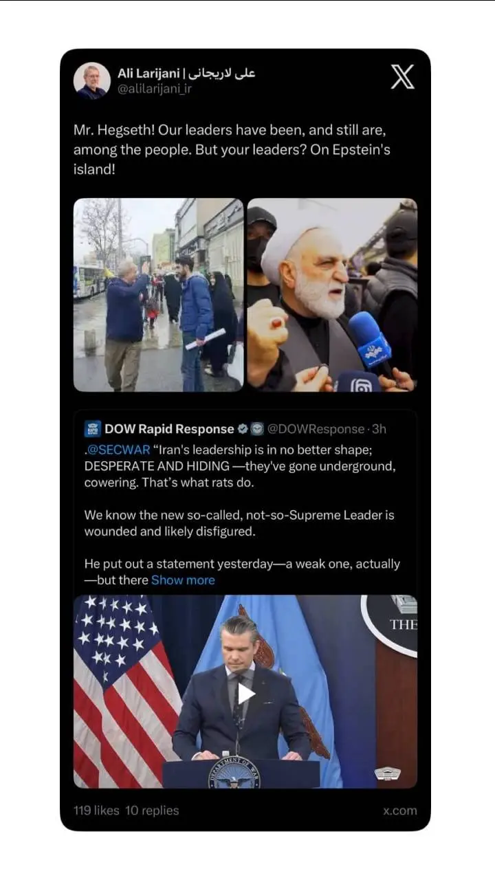 کنایه سنگین لاریجانی به وزیر جنگ آمریکا درباره رهبران ایران