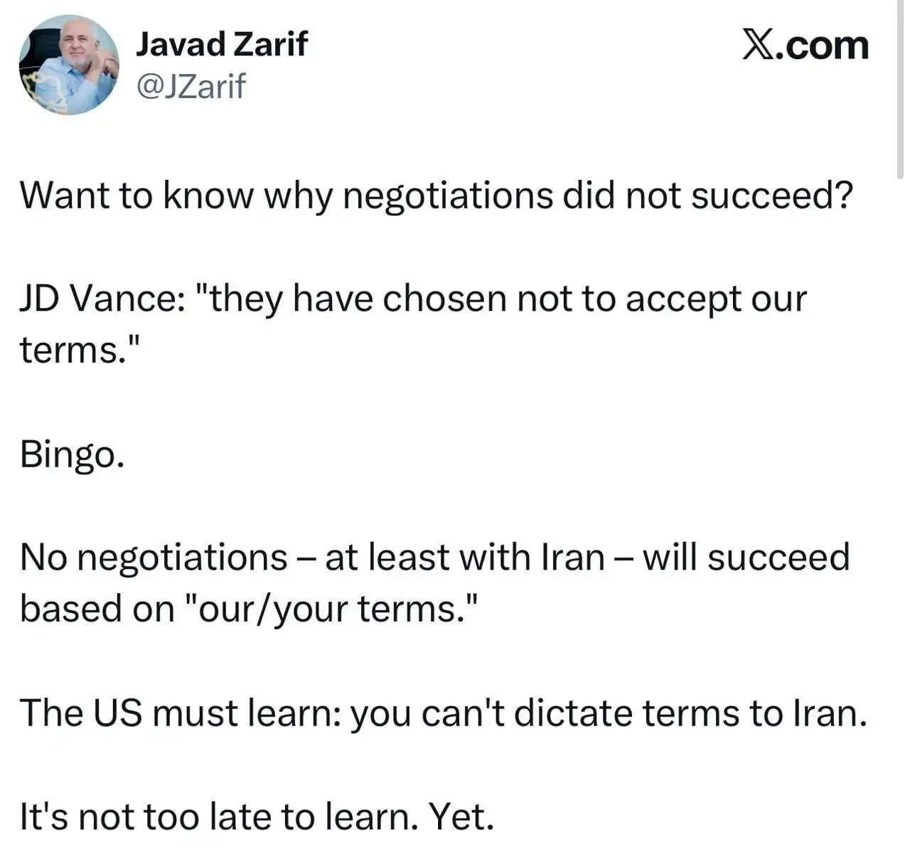 واکنش ظریف به عدم توافق آمریکا و ایران / هنوز دیر نشده است!