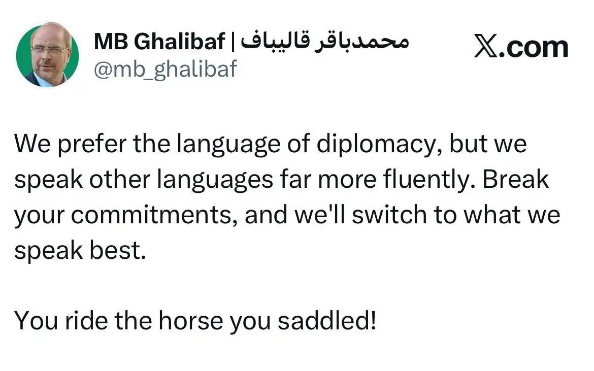 هشدار تند قالیباف به آمریکایی‌ها؛ ما زبان دیپلماسی را ترجیح می‌دهیم، ولی زبان‌ غیردیپلماسی را روان‌تر صحبت می‌کنیم