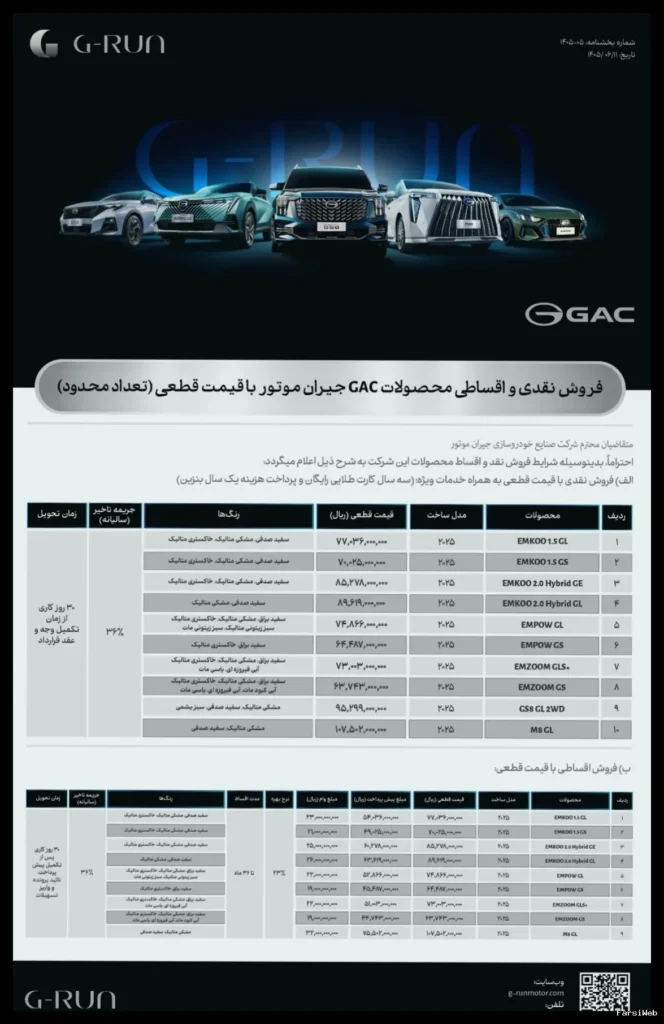 جیران موتور فروش نقد و اقساطی شش مدل خودرو GAC را معرفی کرد