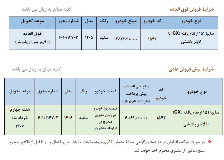 بخشنامه جدید فروش وانت سایپا 151 (مهر 1405)