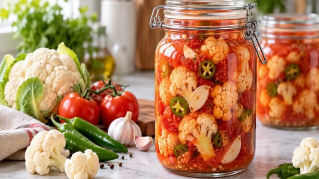 آموزش آشپزی طرز تهیه ترشی گل کلم با آب گوجه فرنگی