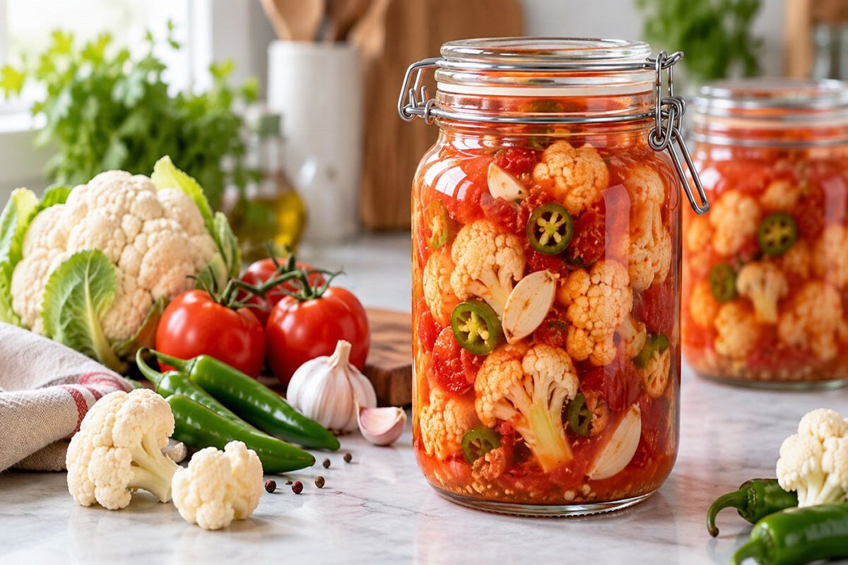 آموزش آشپزی طرز تهیه ترشی گل کلم با آب گوجه فرنگی