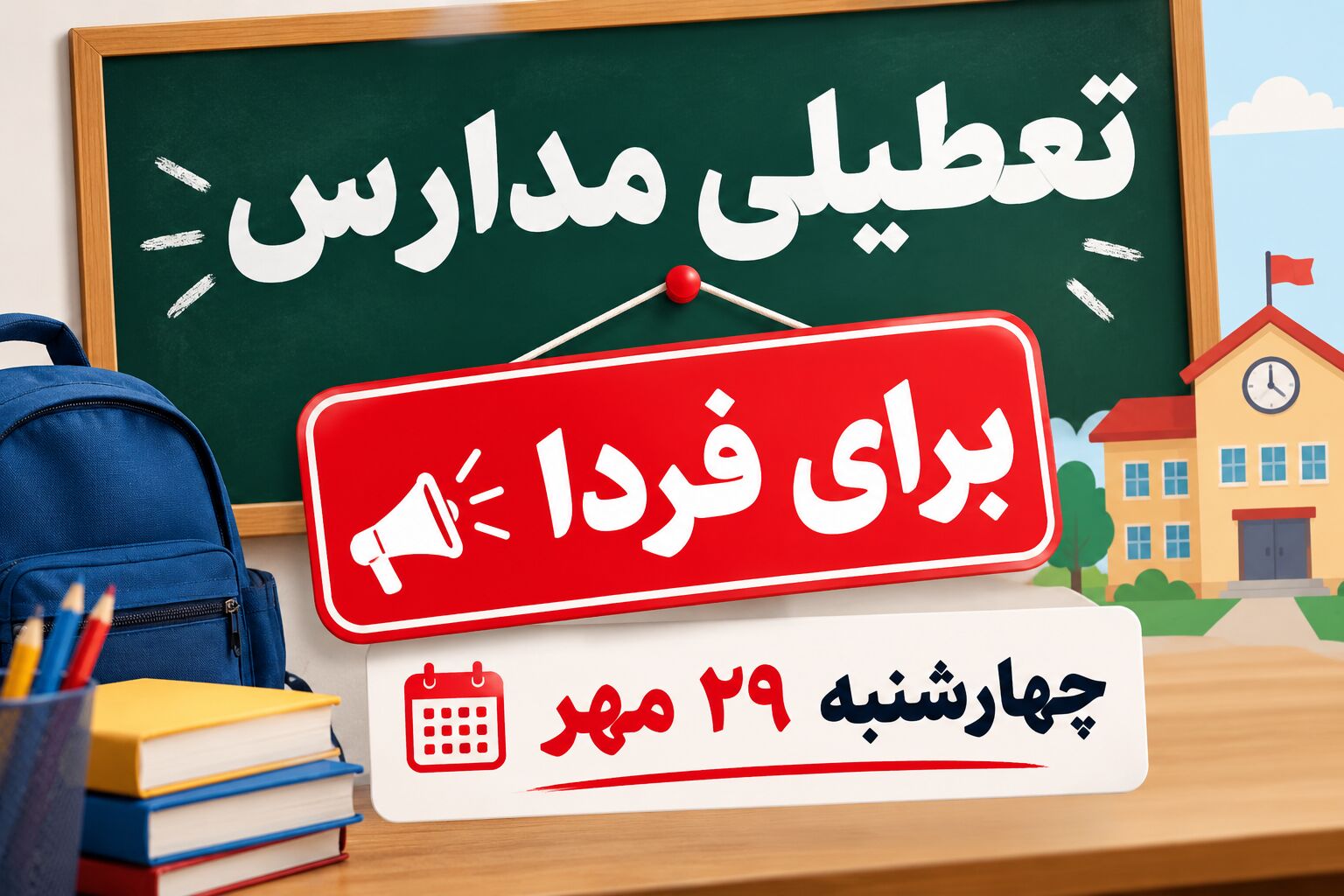 تعطیلی مدارس برای فردا چهارشنبه ۲۹ مهر