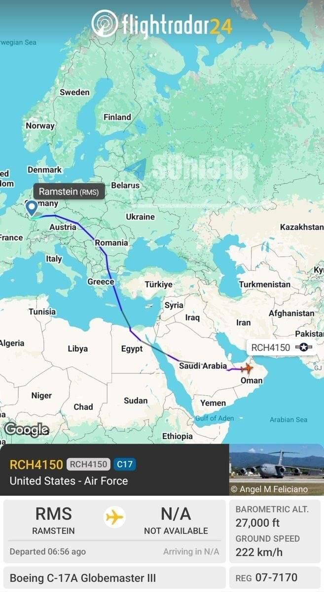 پرواز هواپیمای ترابری ارتش آمریکا از اروپا به امارات آغاز شد